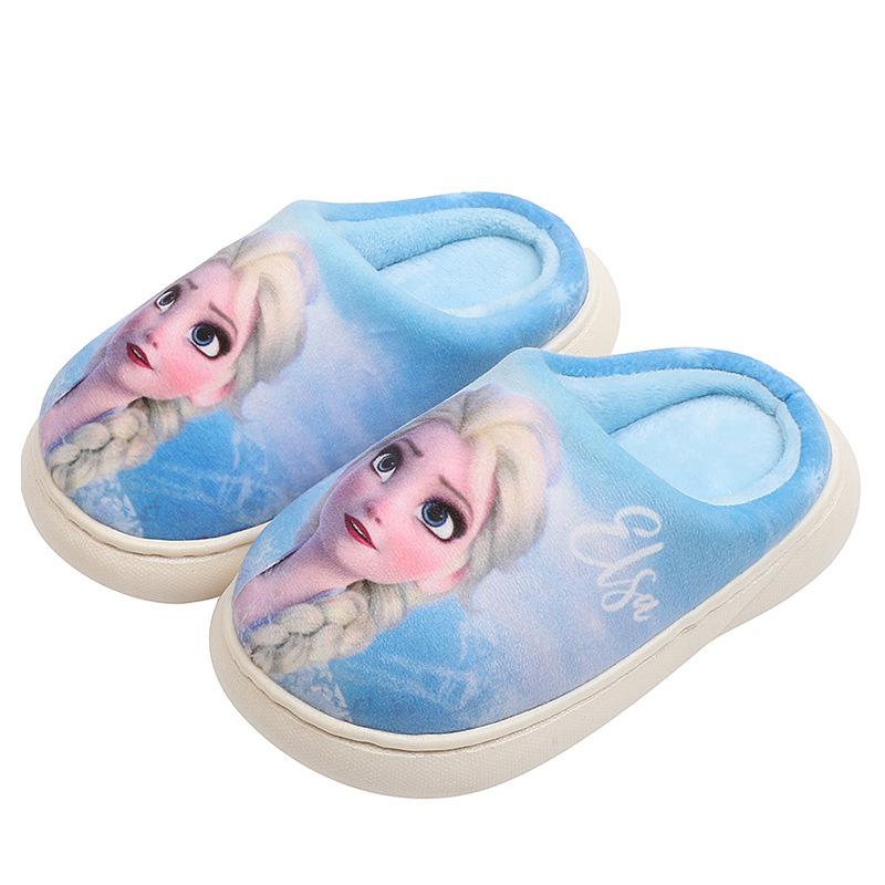 Frozen Girls' Cotton Slippers - Warm, Non-slip Autumn/Winter Princess Elsa Fur Slippers for Kids