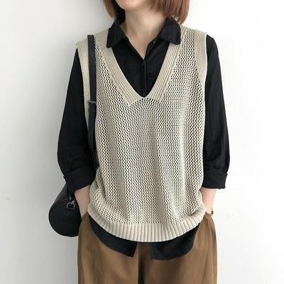 Retro Solid Color V-neck Knitted Vest Women's Spring and Autumn Literature and Art Loose All-match Sweater Vest Waistcoat Women