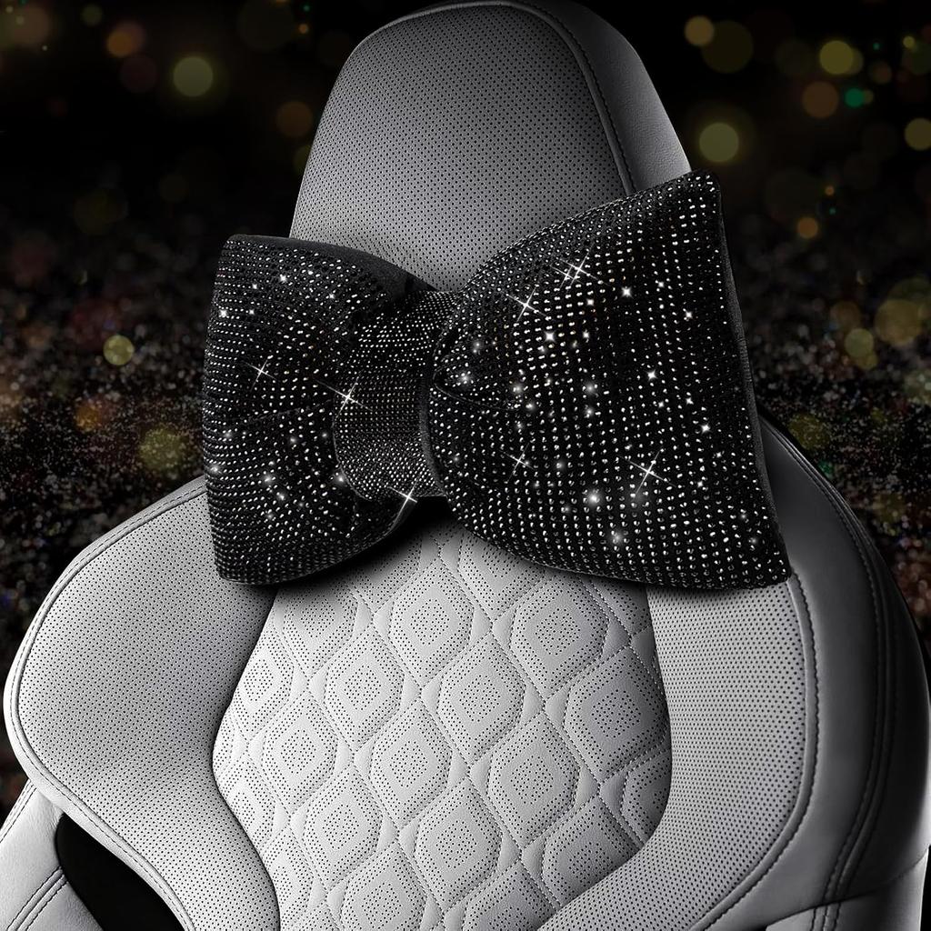 2 PCS Bling Car Pillows,Rhinestones Bowknot Car Headrest Pillow,Car Neck Pillow for Driver Relax Necksupport,Sleeping Travel Support Neck