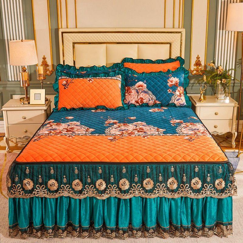 High Grade Winter Crystal Velvet Thicken Quilted Bedspread King Queen Size Flannel Quilting Bed Skirt Including Pillowcase