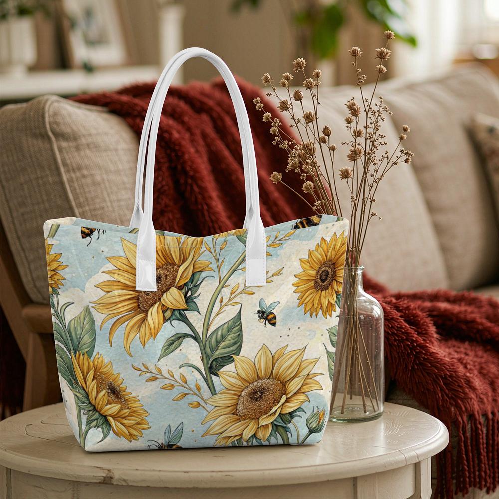Sunflower Bee Print Tote Bag Fashion Casual Portable Daily Outdoor Women's Shoulder Bag