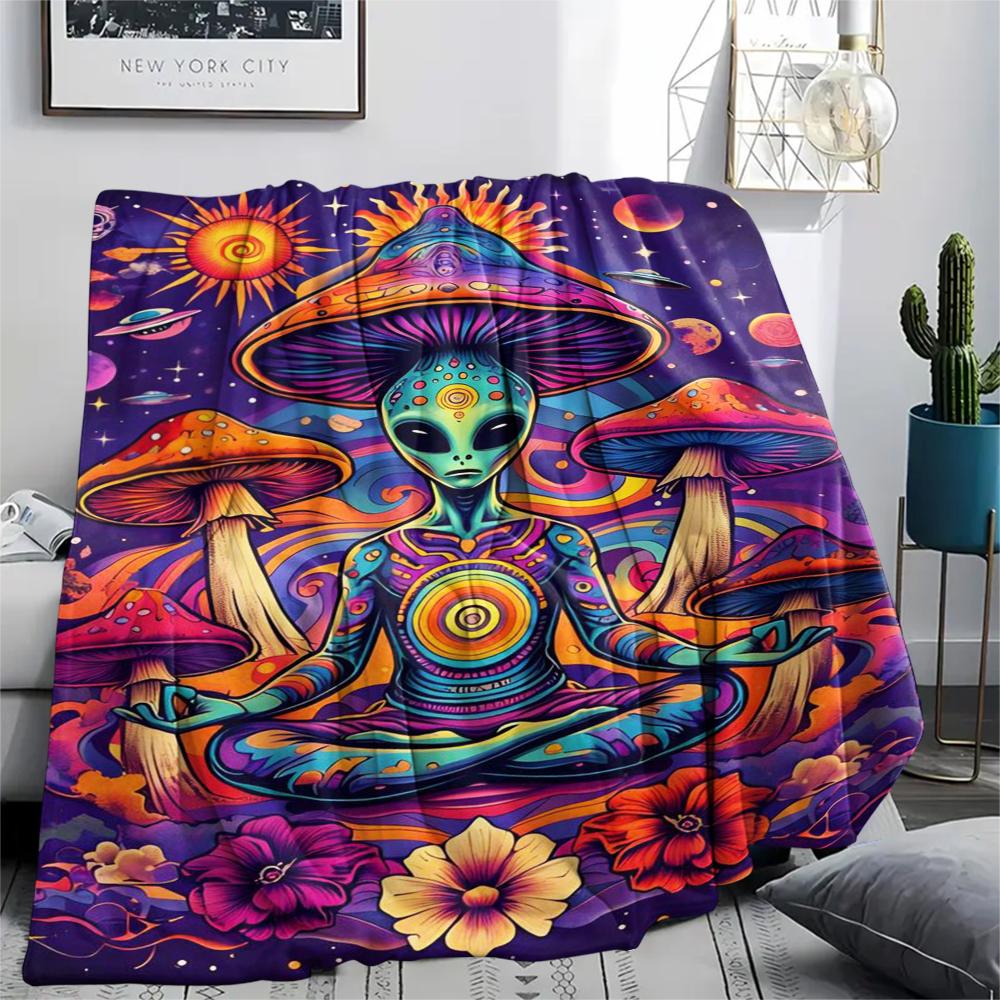 1 szt. Koc flanelowy z nadrukiem UFO i kosmitów, Wysokiej jakości, Wygodny na wszystkie pory roku, Wystrój domu, Ciepło i komfort, Idealny na prezenty