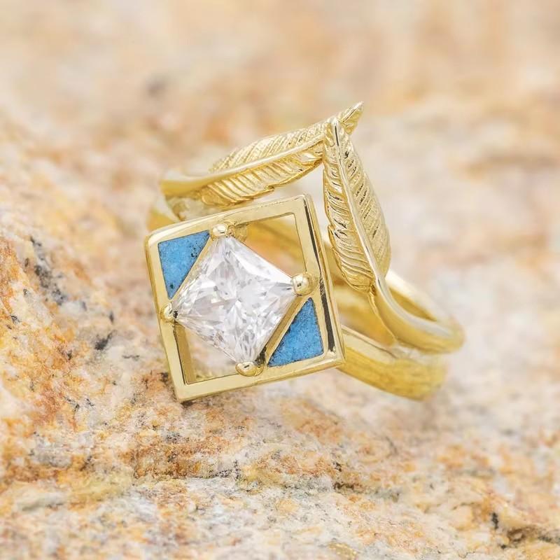 

Huitan Bohemia Style Women Rings with Princess Cubic Zirconia Fancy Leaf Design Luxury Trendy Female Rings for Party Zircon 6