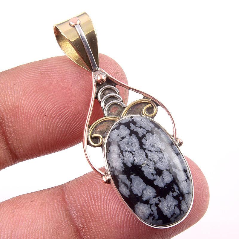 

Natural Snowflake Obsidian Gemstone 925 Solid Silver Two Tone Pendant 1.75 z5g85