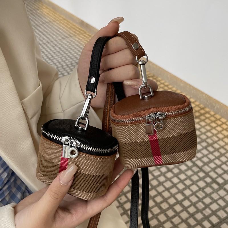 Canvas Cowhide Small Change Purse Ins Style Simple Portable Neck Hanging Lipstick Makeup Bag Leather Earphone