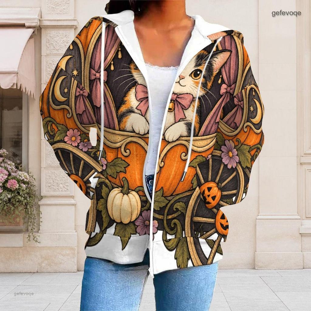 Women Plus Size Zip Up Hoodie Long Sleeve Drawstring Hood Pockets Halloween Printed Sweatshirt