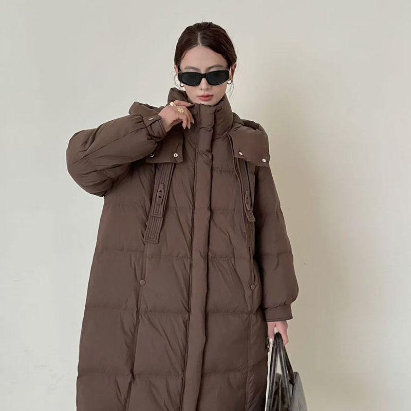 

Женский длинный пуховик, устойчивый к холоду, 2025 новый зимний утолщенный модный повседневный пуховик до колена с двойной пряжкой и лентой, тренд One Size кофейный