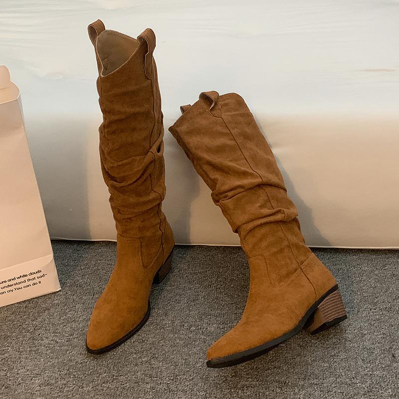 Winter Pointed Toe Women Knee High Boots Thick Heels Stripper Mordern Long Booties Shoes Zapatos De Mujer