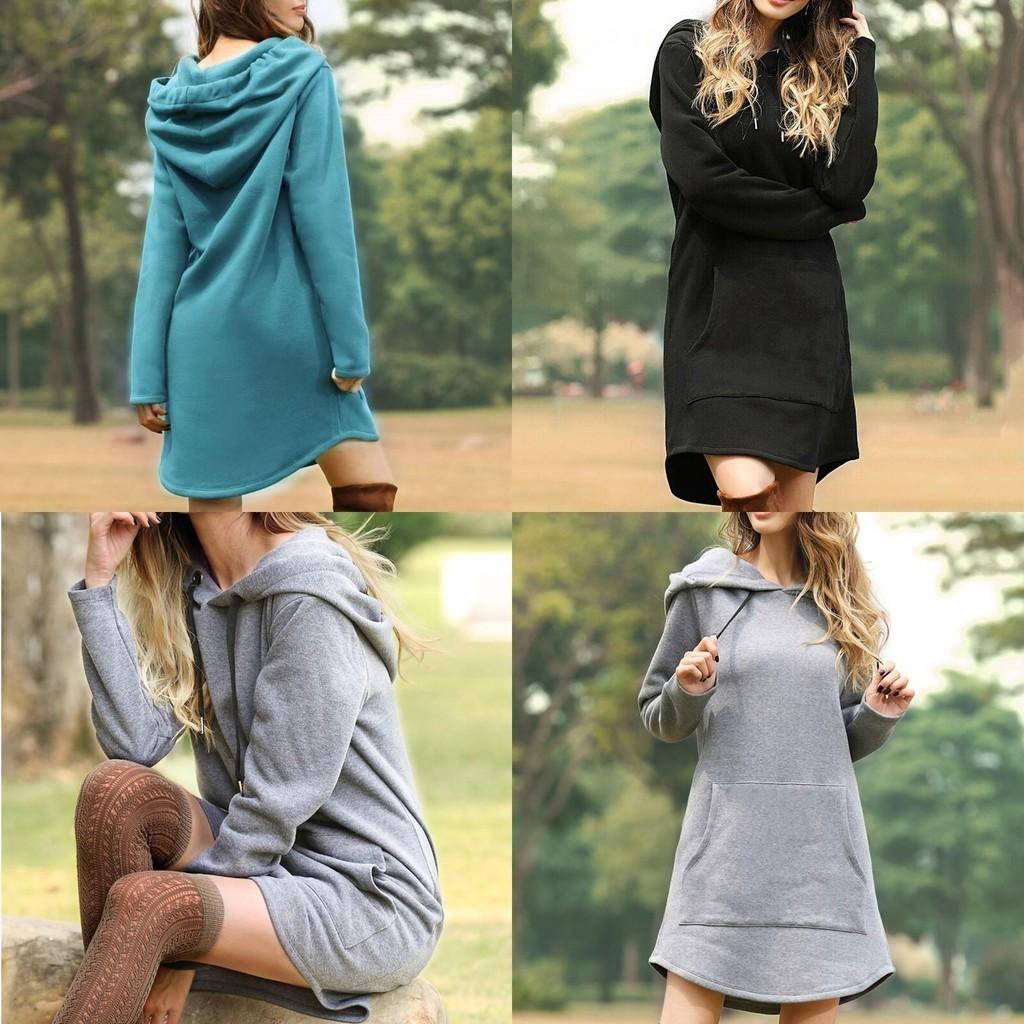 Cozy Womens Winter Long Sleeve Tunic Tops Pullover Hoodie Dress In Six Colors