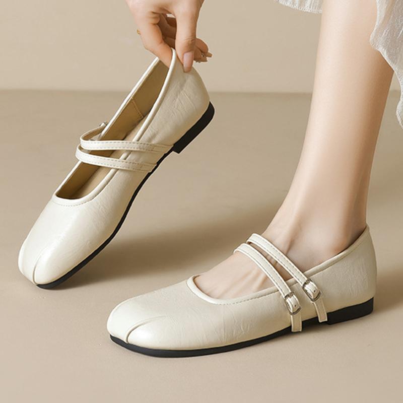Fashion Double Belt Buckle Flats Loafers Woman Solid PU Leather Tabis Shoes Barefoot Mary Janes Ladies Daily Round Toe Mocassines Mujer