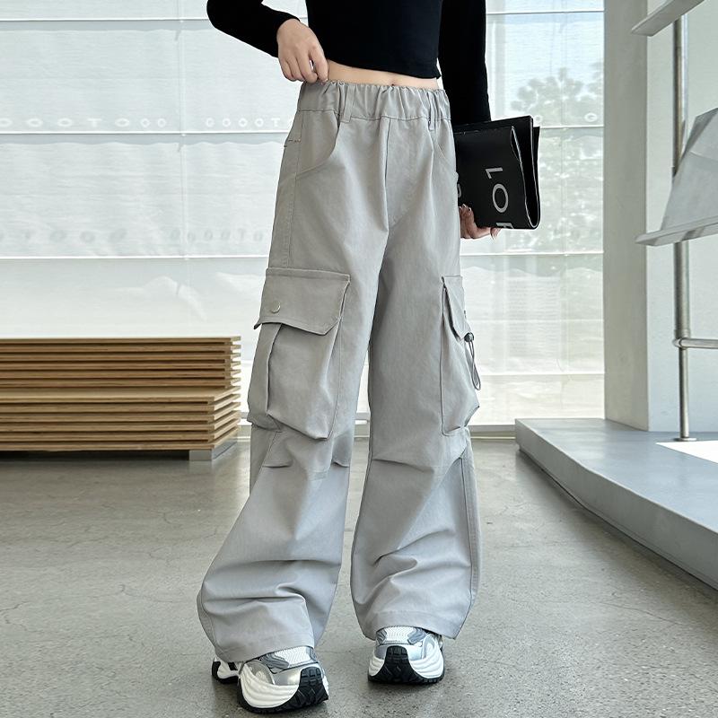 

Широкие брюки карго для девочек - Новый весенне-осенний стиль для подростков, Свободная повседневная трендовая одежда 150 cm серый/абрикосовый