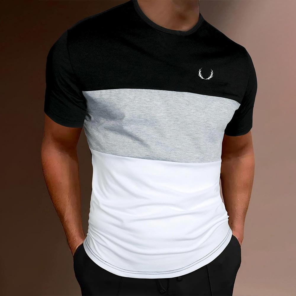 Fashion Men's Color Blocking Printed T-Shirt Casual Street Male Crew Neck Short Sleeve T Shirt Large Size Menswear Clothing