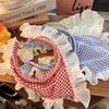 French Blue Plaid Lace Triangle Scarf Headband - Pastoral Style Women's Hair Accessory with Seaside Vibe