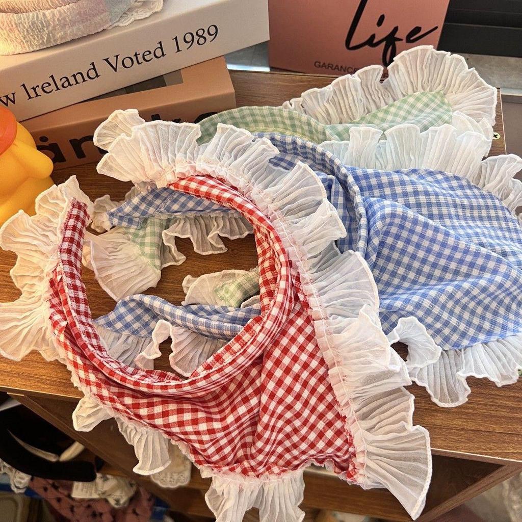French Blue Plaid Lace Triangle Scarf Headband - Pastoral Style Women's Hair Accessory with Seaside Vibe