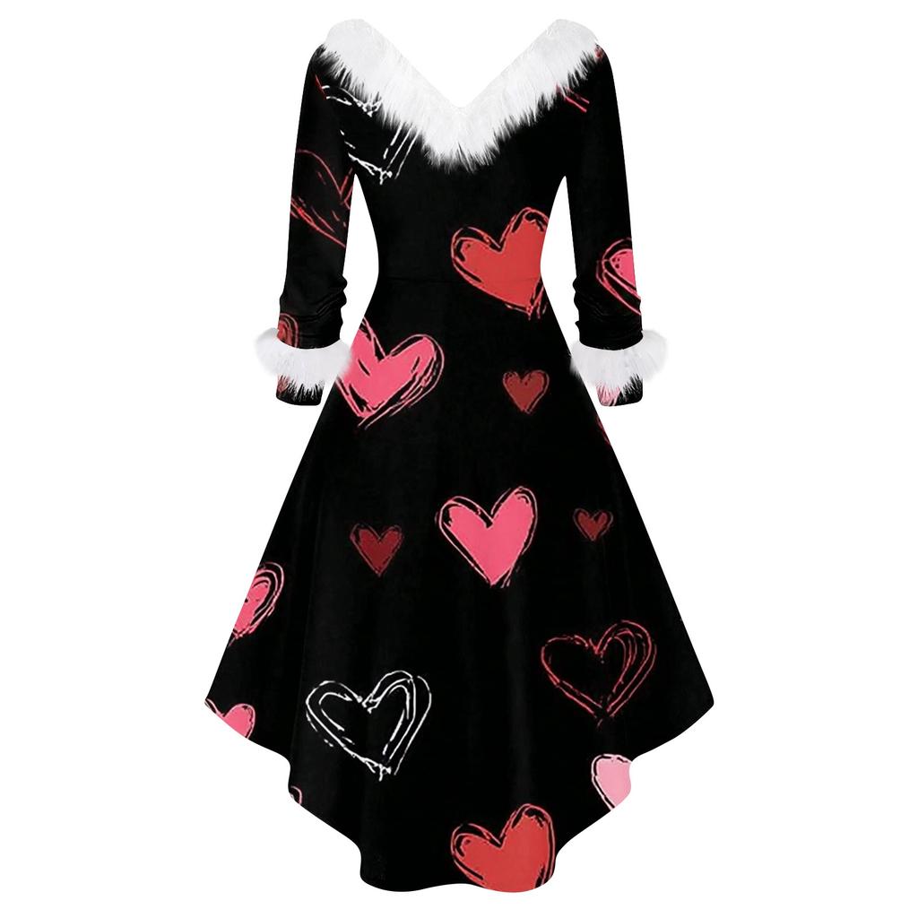 Damen stilvolles und elegantes langärmeliges V-Ausschnitt Kleid mit Valentinstags-Herzprint