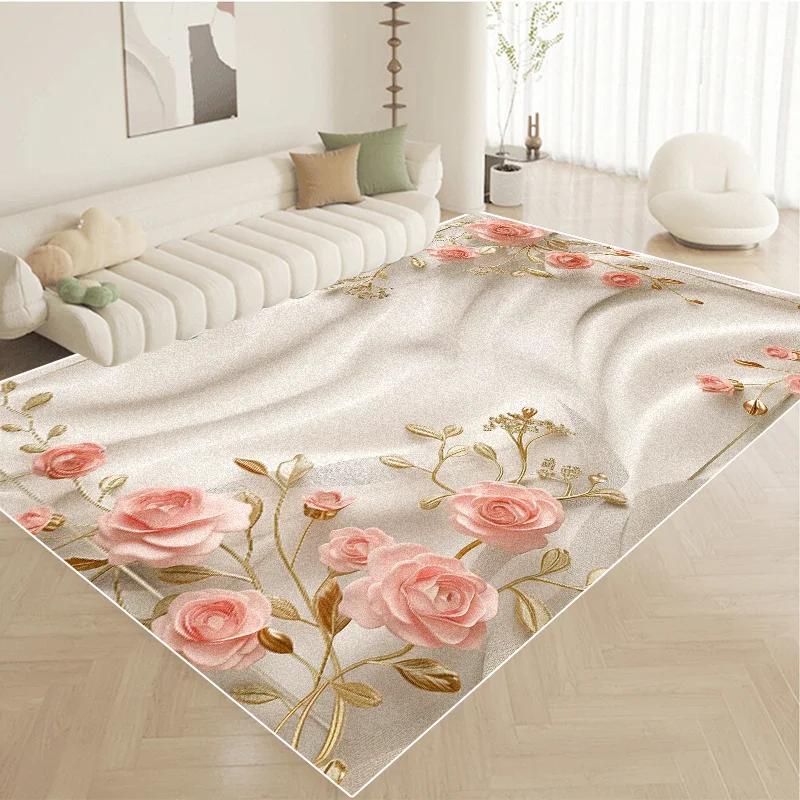 Nordic Luxury Pink Carpet Living Room Large Size Pastoral Flower Home Bedroom Rugs Washable Lounge Rug Hotel Lobby Floor Mats