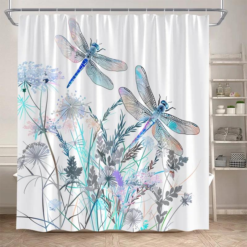 Floral Dragonfly Shower Curtains Watercolour Dandelion Rustic Flower Plants Polyester Fabric Bathroom Curtain Decor With Hooks