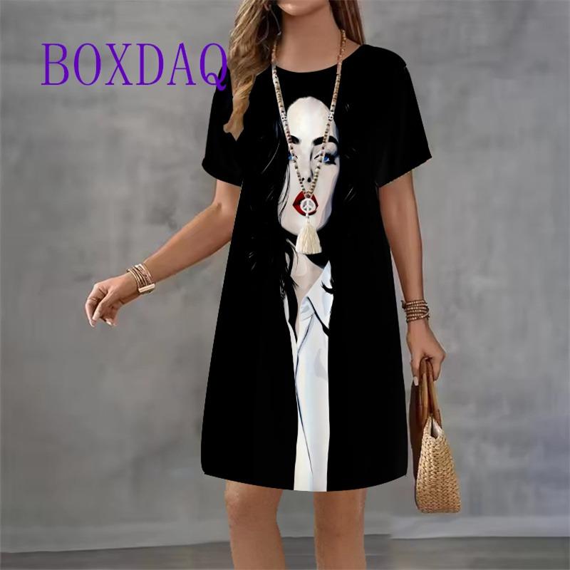 

Fashion Black White Portrait Girl Printed Women s Dress Summer Sundress Short Sleeve O-neck Loose Casual Mini Dress S