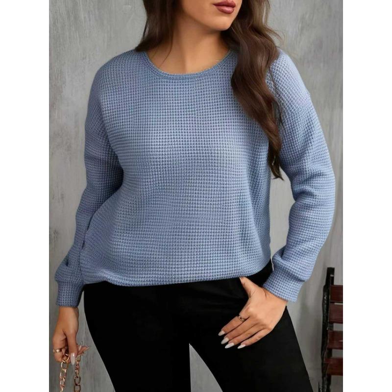 Plus Size Waffle Long Sleeve Crew Neck Loose Solid Color Casual Knit Pullover Sweatshirt For Women