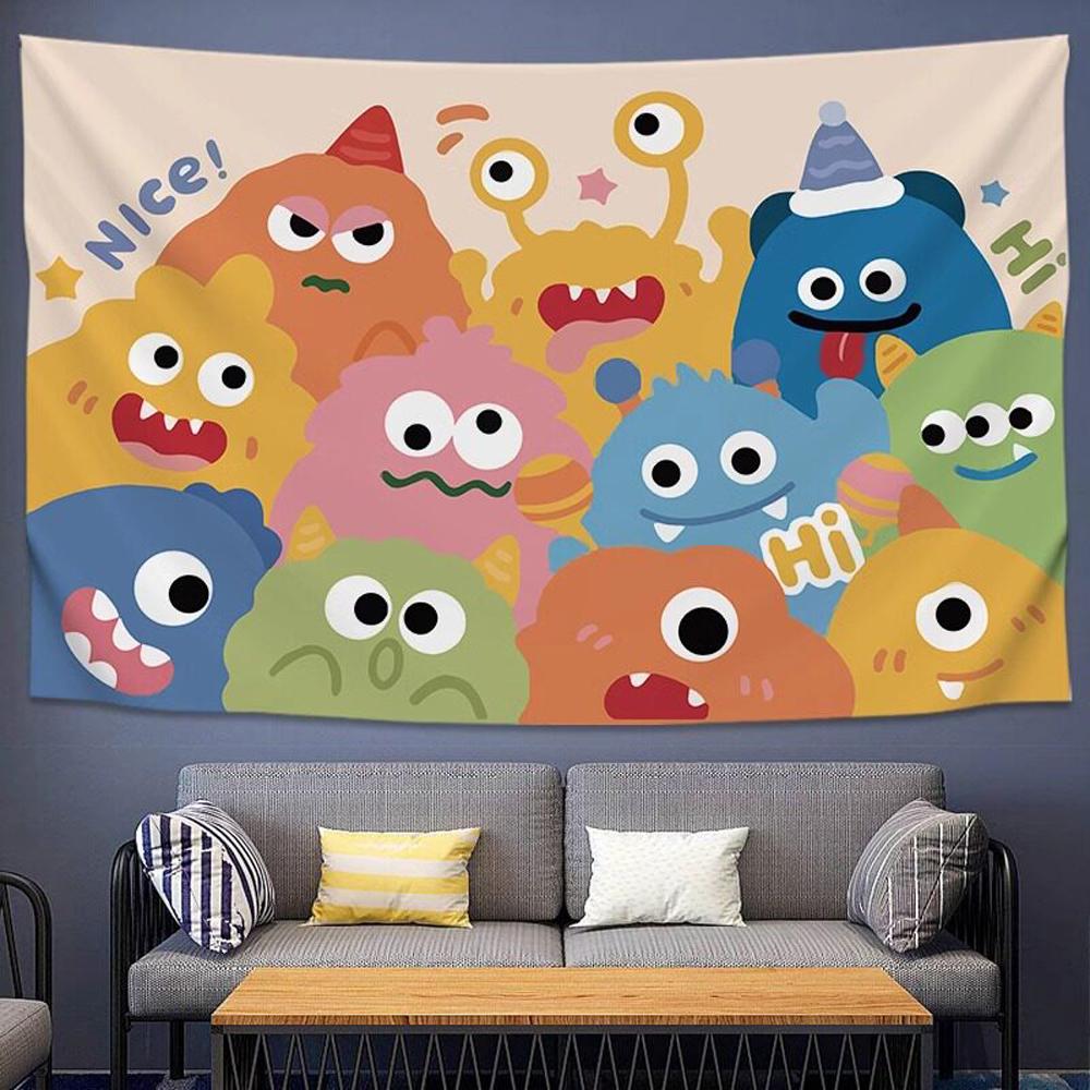 Cute Cartoon Little Monster Wall Tapestry Kids Room Decorative Background Cloth for Bedroom Headboard Hanging Art