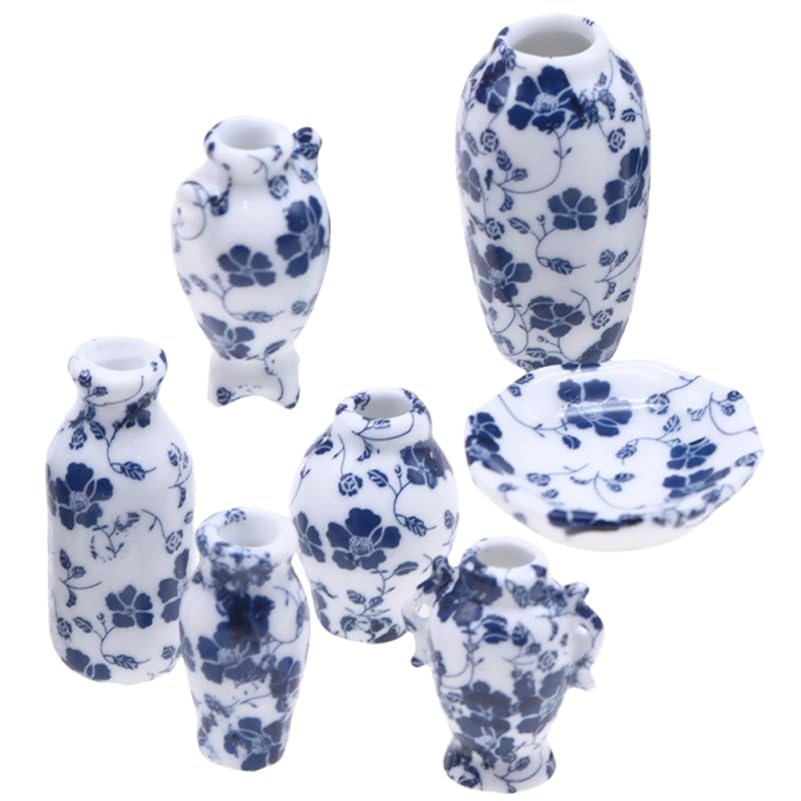 Hohopeti Set of 7 Miniature Ceramic Flower Dollhouse Small Interior Decor Vases, Accessories, 2x2x1.4 Inches,