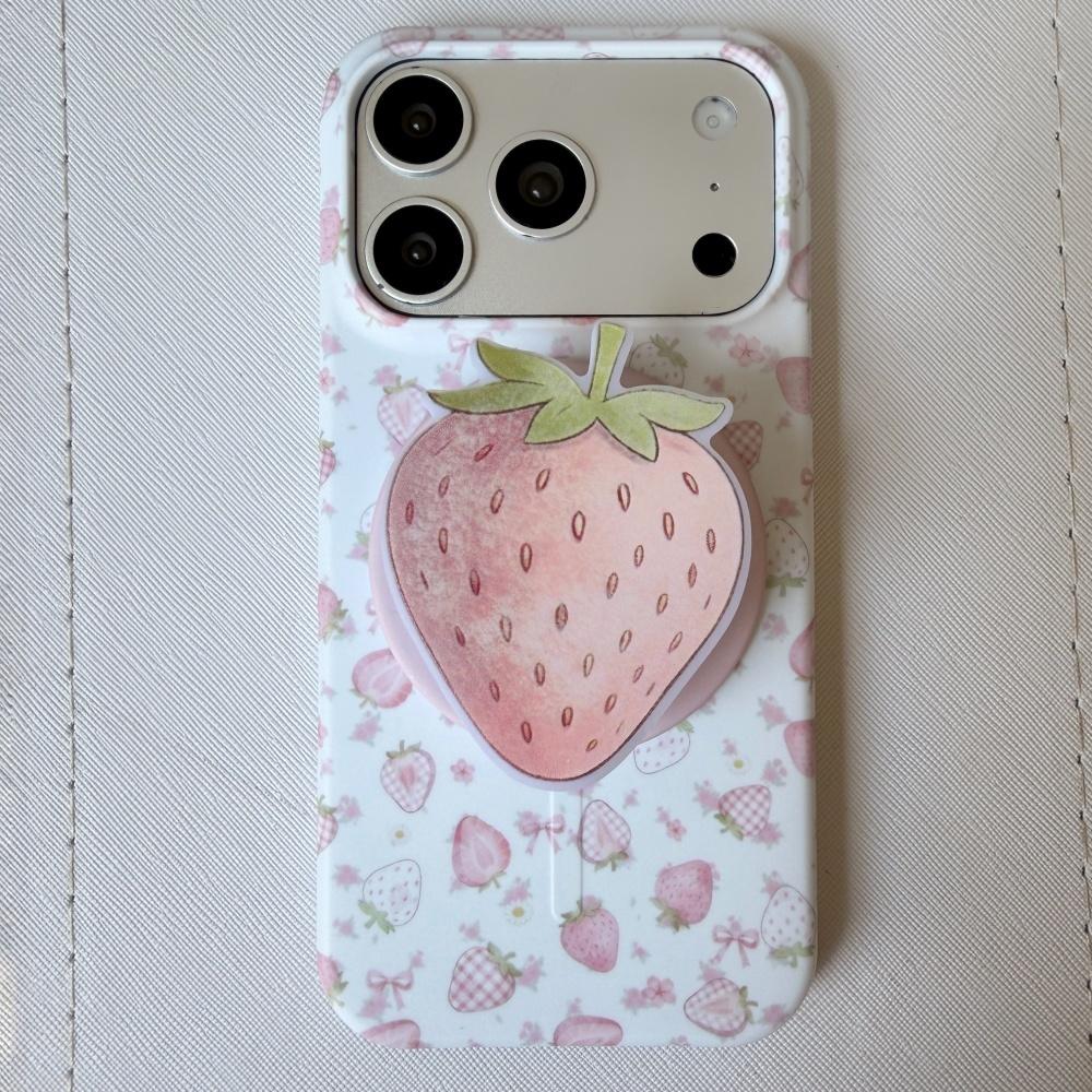 

Sweet and simple pink strawberry magnetic suction bracket is suitable for Apple 17promax mobile phone case iPhone17pro new 16pro film case iPhone 15