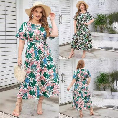 Floral Print Crew Neck Long Dress for Women Short Sleeve High Waist Casual Summer Maxi Dress Breathable Lightweight Vacation Work Plus Size Dress