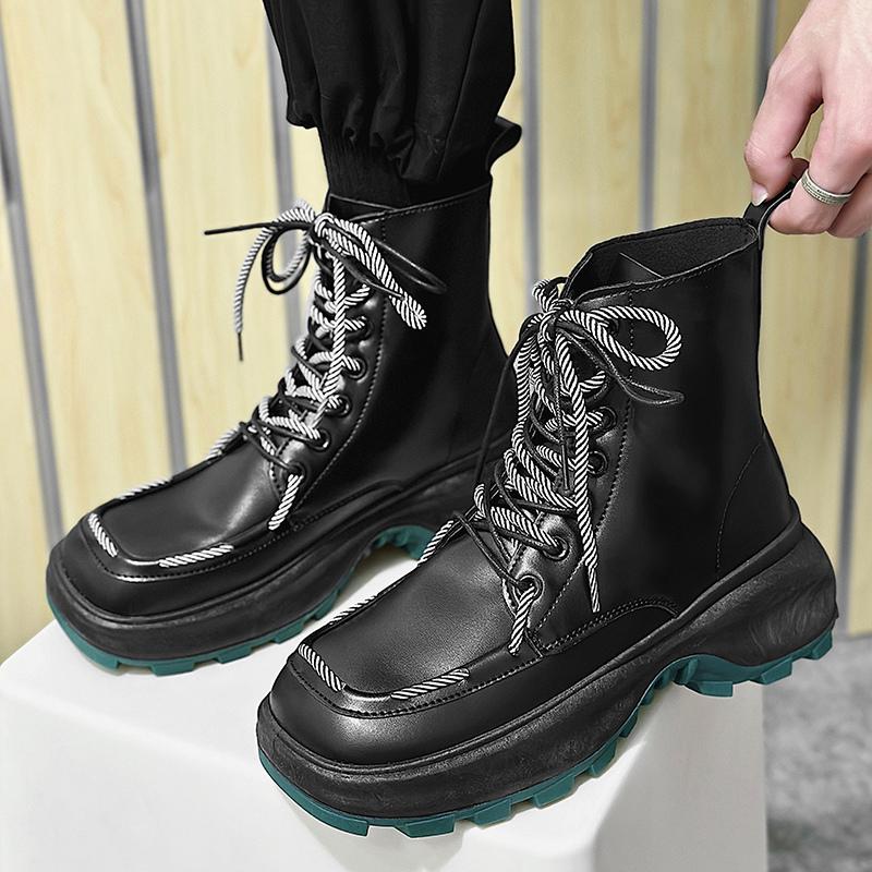 Módní šněrovací pánské platformové boty, ležérní vysoké kotníkové boty, pánské robustní boty, streetwear, hip hop, černé motocyklové boty pro muže