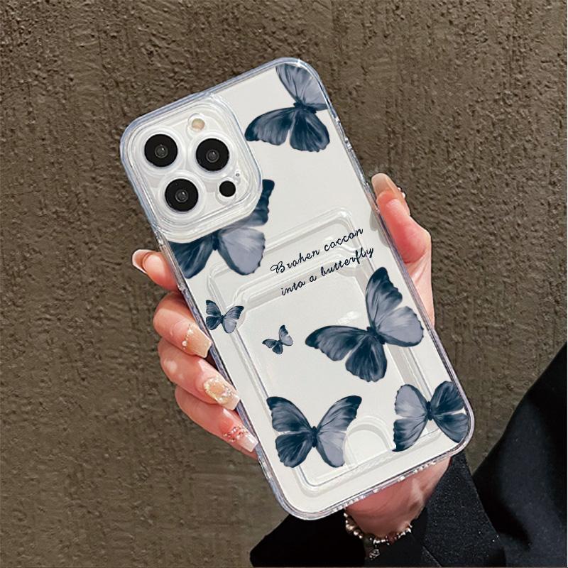 Butterflies Printed Soft TPU Clear Shockproof Casing Protective Cover Transparent Full Back Case with 1 Card Slot Holder