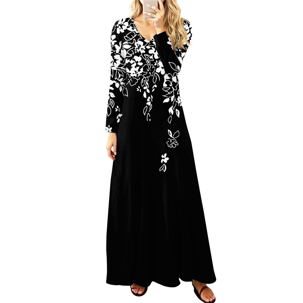 Kvinners blomstrete, gradienttrykte maxikjoler sexy kjoler langermet elegante høst lange kjoler feriekjoler for kvinner