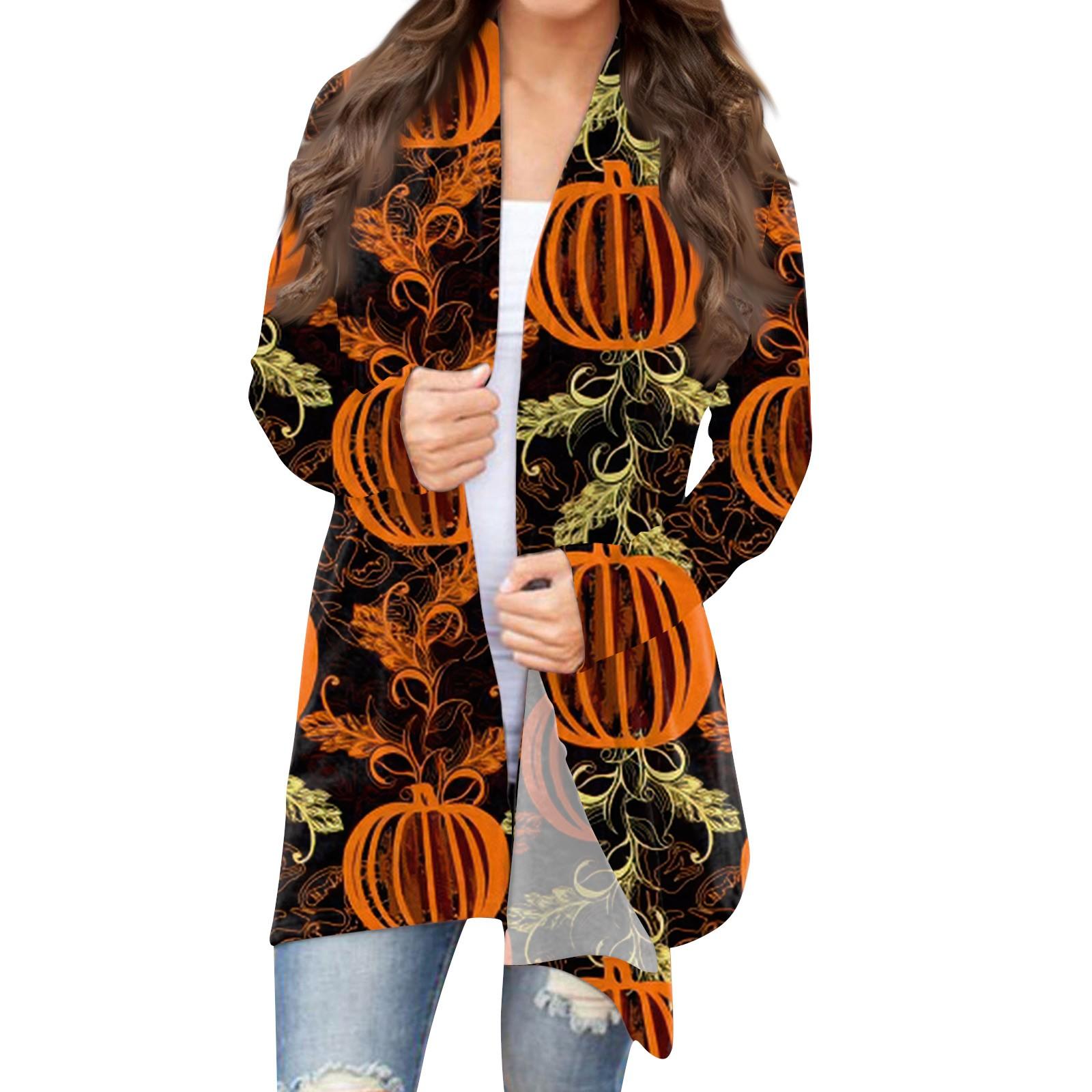 

Женская модная повседневная куртка-кардиган средней длины с длинными рукавами и принтом на Хэллоуин, топы L шафрановый