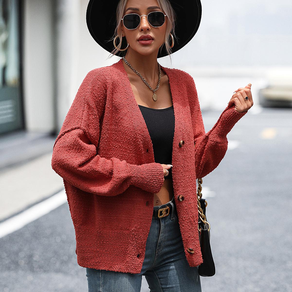 

GMXIA женские модные повседневные однотонные принты осень-зима с длинными рукавами и v-образным вырезом свободные свитера юбка M красный