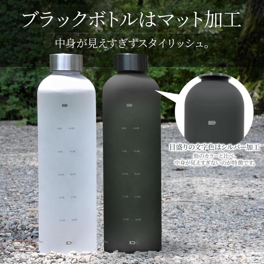 BREMENT Water Bottle with Time Marker, 1 Liter, 1000ml, BPA-Free, Made from Tritan (Medical Grade Tritan) - Large Capacity (Matte Black) [Drink 2