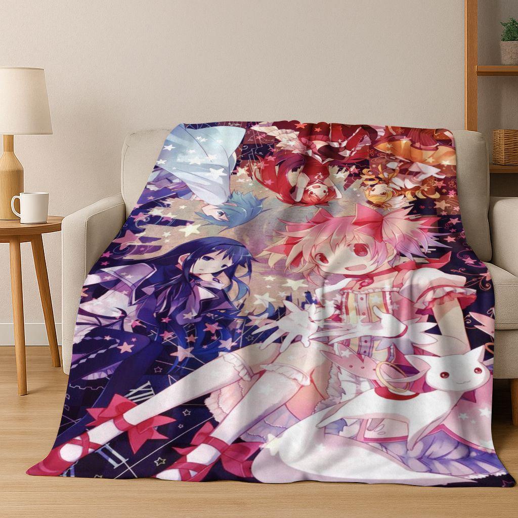 Cartoon Puella Magi Madoka Magica Girl Anime Art Flannel Blanket,Cozy Soft Throw Blanket for Home Bedroom Bed Sofa Cover Kids