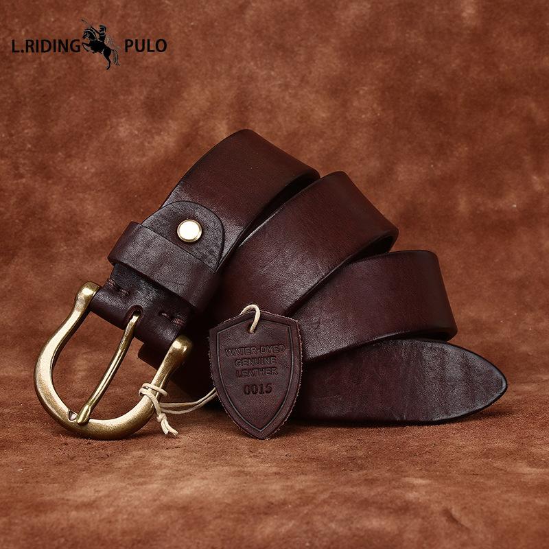 High-end Retro Water-dyed Genuine Leather Belt for Men, Top Layer Cowhide, Retro Fashion Trendy Versatile Horseshoe Buckle Belt for Men