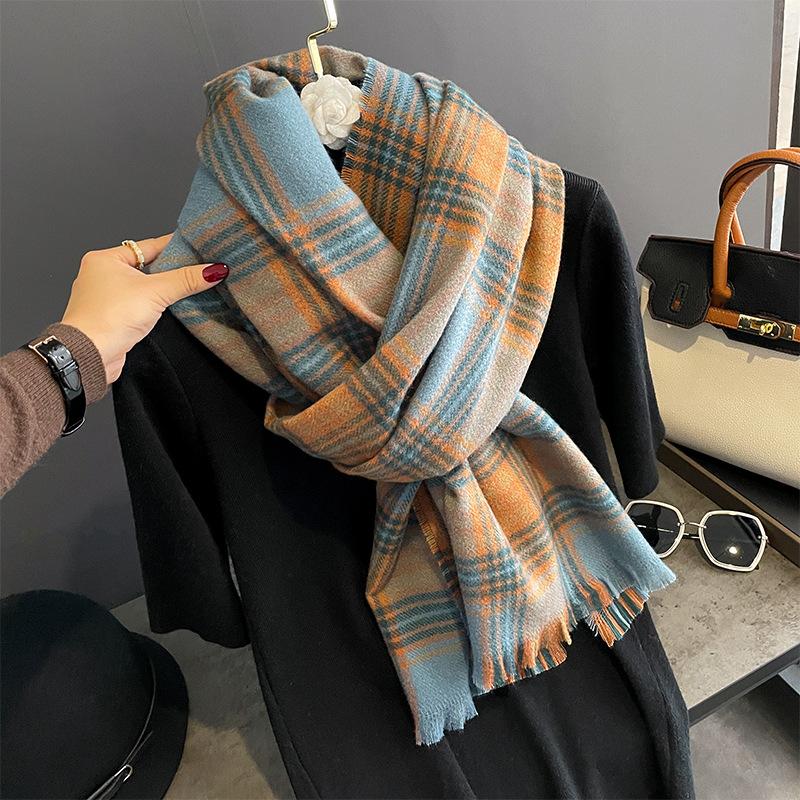 New niche blue and orange plaid scarf women's winter versatile student shawl dual-purpose warm scarf