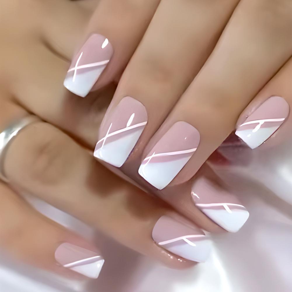 24-częściowy zestaw do nakładania paznokci Glamorous White Square Press-On Nails z błyszczącymi kryształkami, pilnikiem do paznokci Jelly Glue - średniej długości francuskie końcówki, zestaw sztucznych paznokci dla kobiet