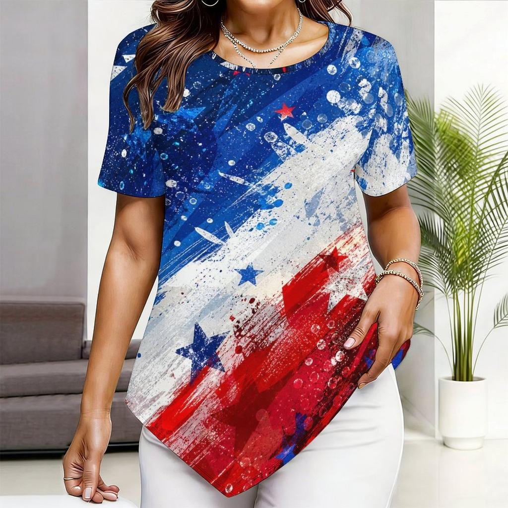 Women Plus Size Short Sleeve Asymmetric Hem Top Pink Crystal Heart Gem Glitter Print Blouse