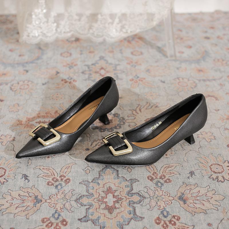 2216-6 European Station 2025 Spring New Fashion Square Buckle High Heels Professional Commuter Middle Heel Cat Heel Single Shoes Women