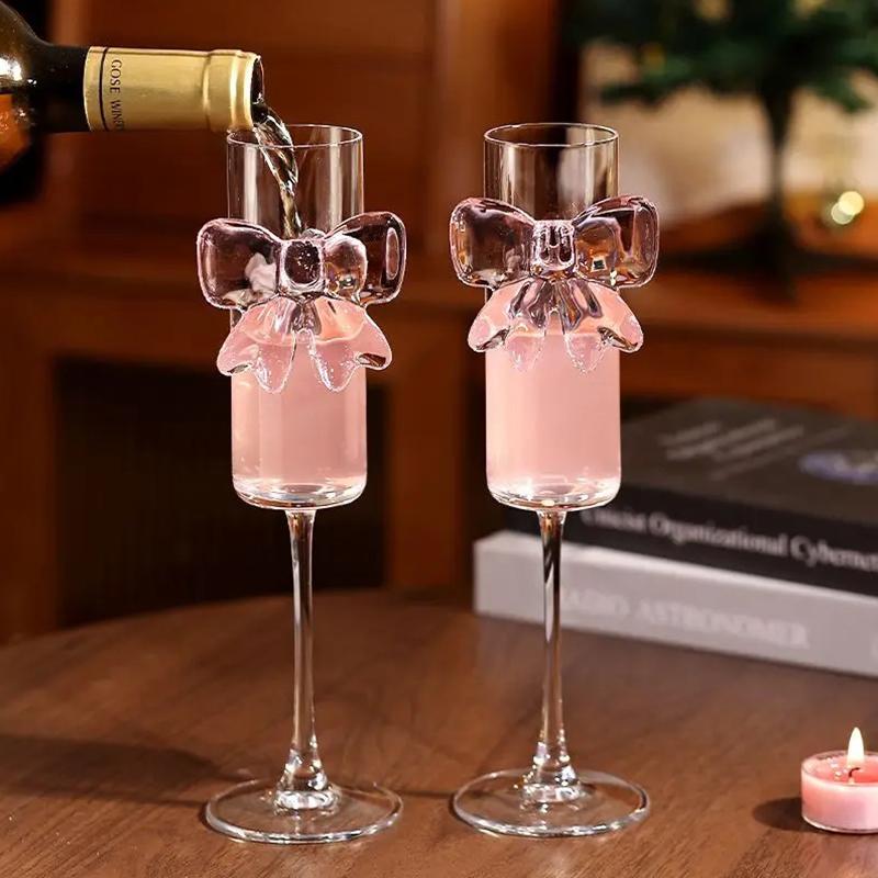 Creative Pink Bow Champagne Tall Wine Glasses Sparkling Wine Glasses For Family Party Holiday And Wedding