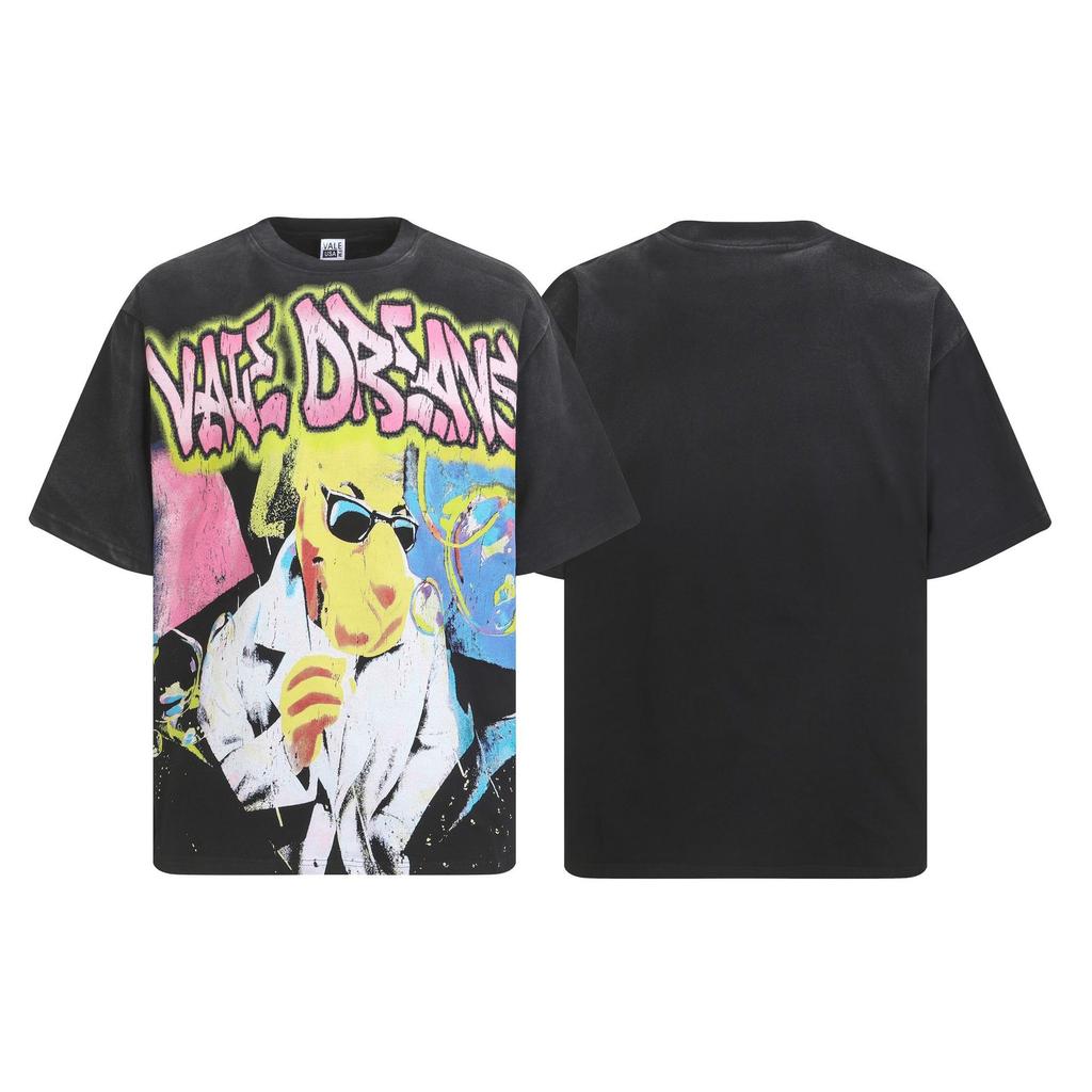 2025 Amerikanische trendige Marke Vall gewaschen alt bedrucktes kurzärmeliges Hip-Hop lockeres Streetwear-T-Shirt für Männer und Frauen