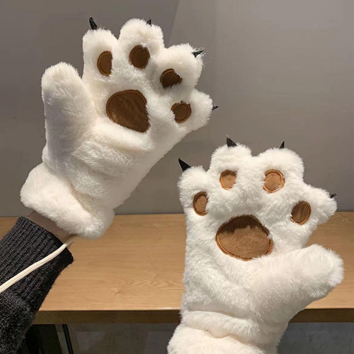 

Мультяшные плюшевые перчатки в виде медвежьих и кошачьих лапок для женщин - Милые, на флисовой подкладке, Защищающие от холода и Модные зимние аксессуары для велоспорта белый
