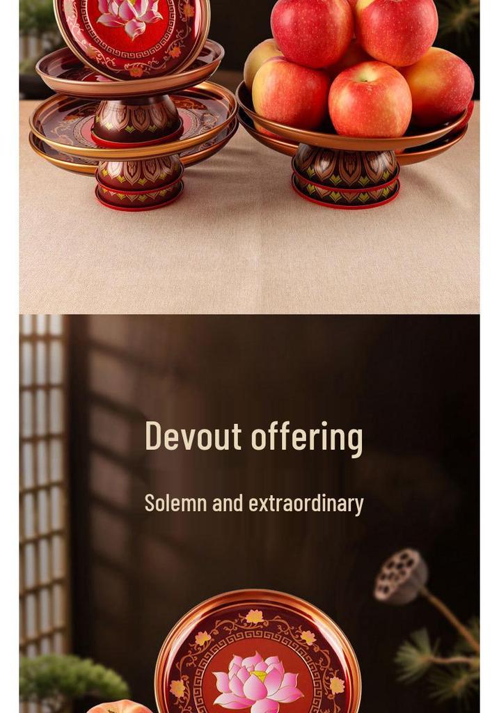 Fruit Offering Plate for Buddha, Deity Altar Plate with Alloy Lotus Flower, God of Wealth, Guanyin Bodhisattva.