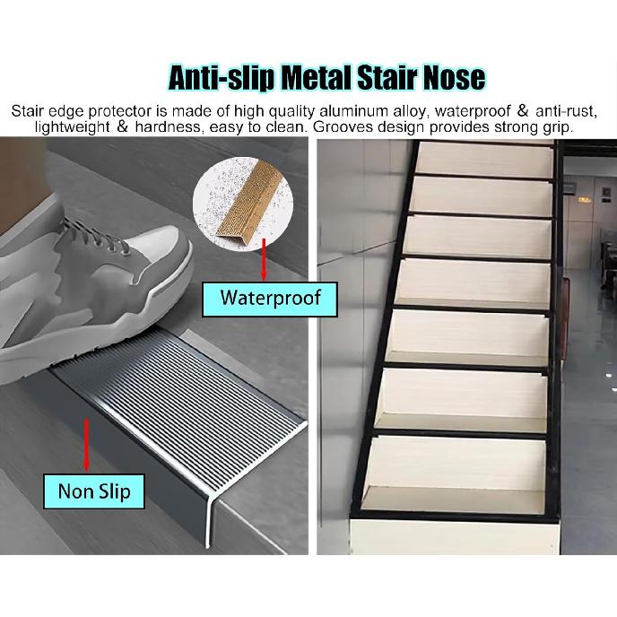 Stair Nosing Indoor Non Slip Stair Nosing, Aluminum Stair Edge Protector with Grooves, Outdoor Staircase Edging for Wooden Steps/Concrete/Carpet