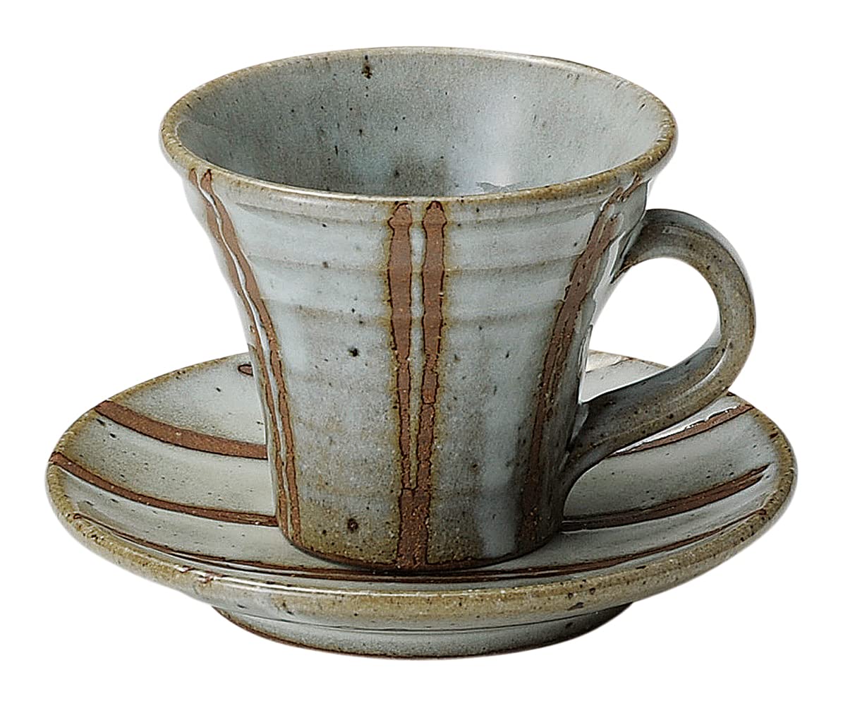 

Marui Seito Shigaraki Ware Hechimon Coffee Cup and Saucer Set, Approx. 200ml, White with Shirahagi Tatesen Pattern, MR-3-3283