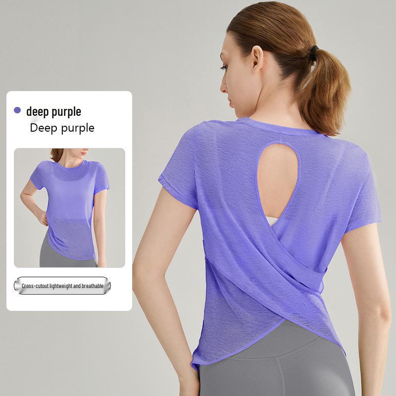 High-End Damen Slub Garn Aushöhlung Rücken Outdoor Sport Top – Atmungsaktiv, Rundhalsausschnitt, Kurzarm Fitness Yoga Überwurf für den Sommer.