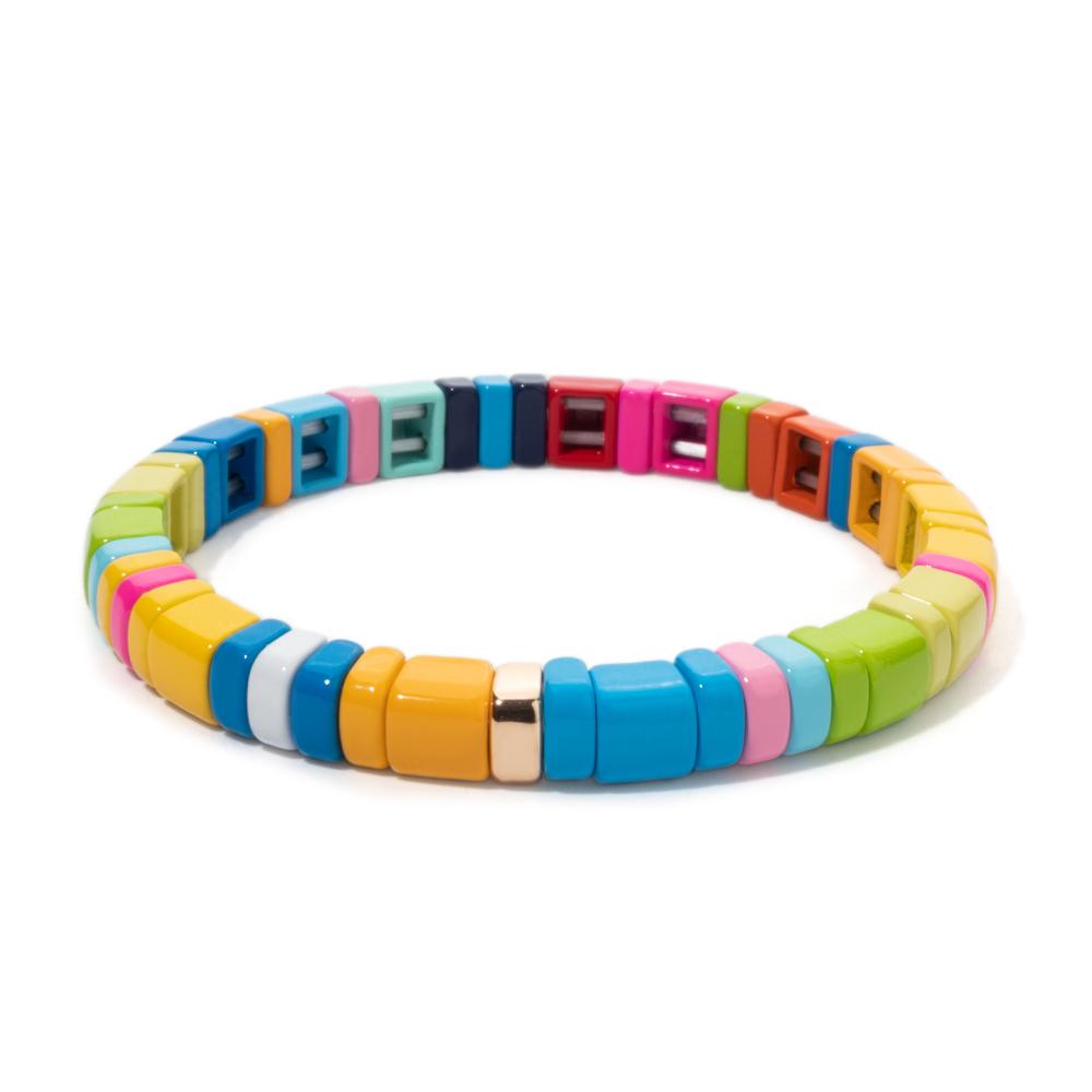 New Fashion Deil Eye Enamel Bangle for Women Colorful Beaded Boho Rectangle Shape Hand Accessory