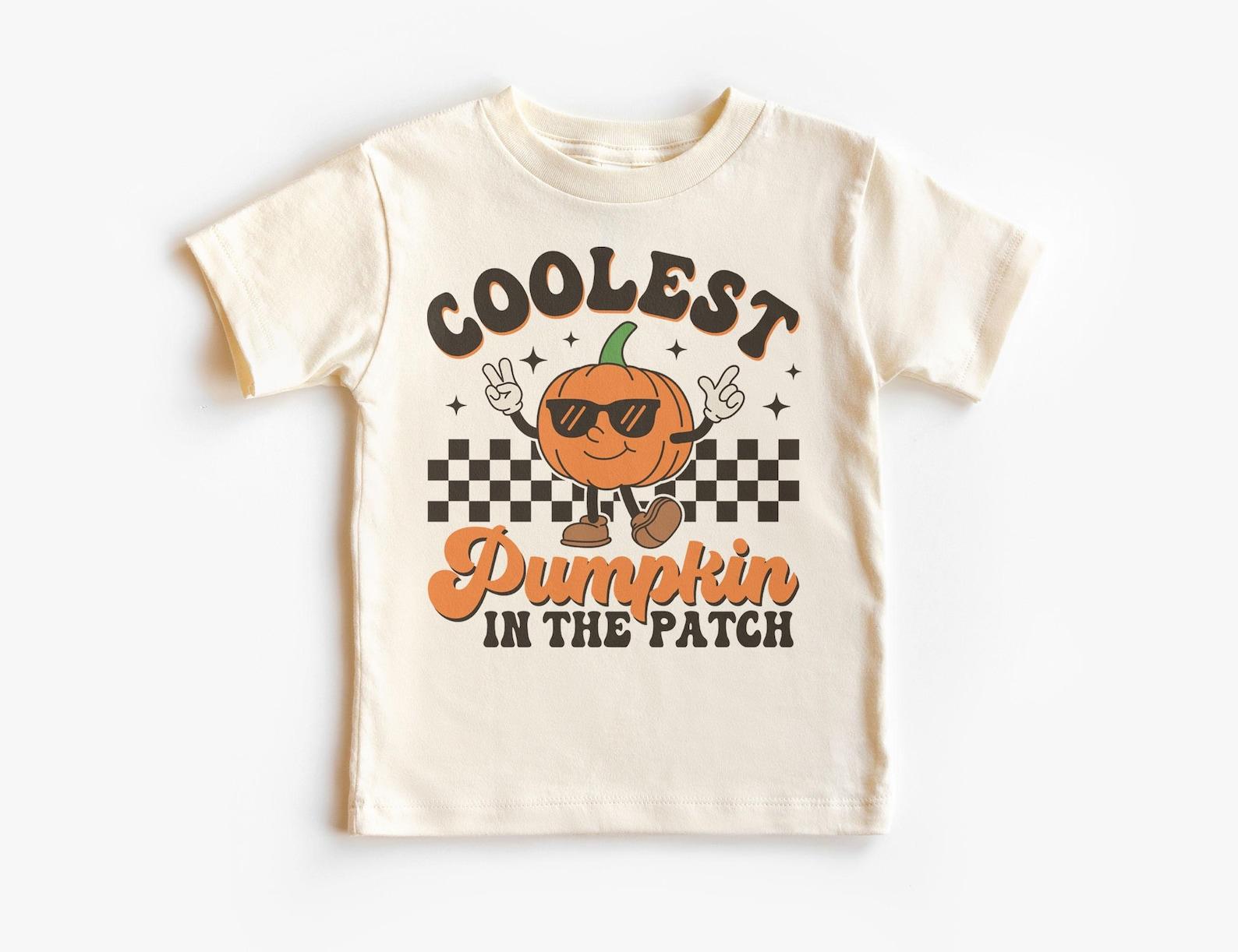 Coolest Pumpkin In The Patch Boys Shirt - Retro Jack O Lantern Sunglasses Halloween Outfit - Unisex, Youth & Kids Natural T-Shirt 120