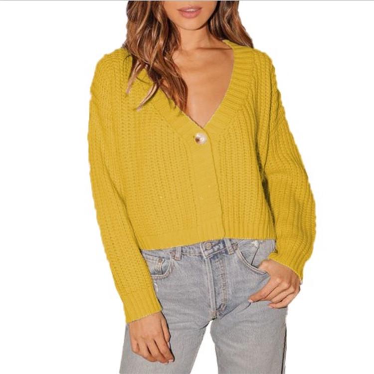European & American Women's V-Neck Long Sleeve Solid Knit Cardigan Sweater