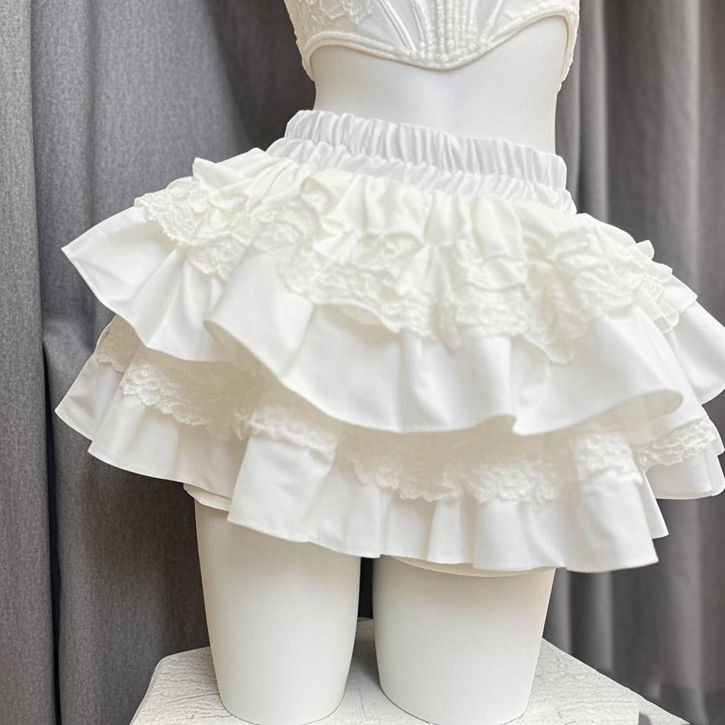 2025 Weißer High-Waist-Rock im Spitzen-Look für Petite-Figuren mit Sweetheart-Puffstil und Anti-Expositions-Schicht